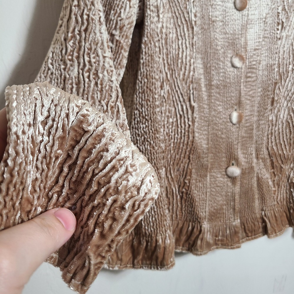 Chicos Gold Keily Crinkle Velvet Ruffled Jacket S Romantic Victorian Regencycore - Picture 4 of 10
